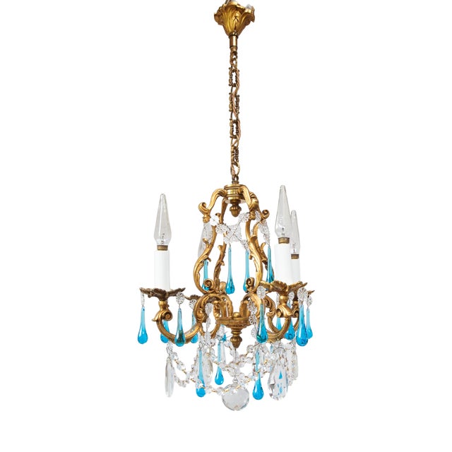 Antique French Chandelier in Bronze Drops Murano Blue, 1950 For Sale