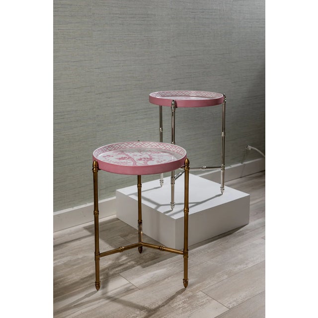 English Jardin Blush Chinoiserie Tray with Stand, Nickel For Sale - Image 3 of 5