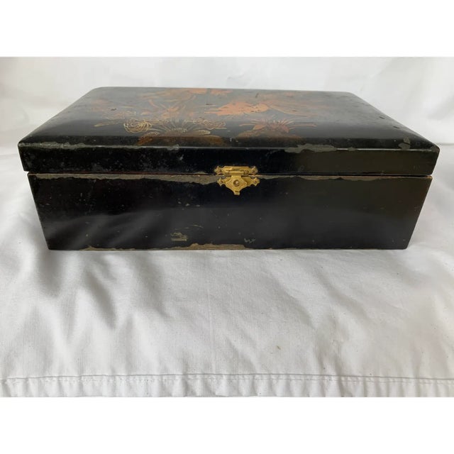 Mid 20th Century Vintage Black Lacquered Wooden Jewelry Box With Hand-Painted Koi Fish For Sale - Image 5 of 13