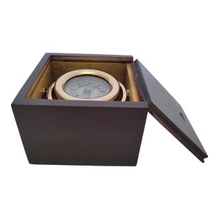 Brass Boat Compass in Varnished Wood Box For Sale