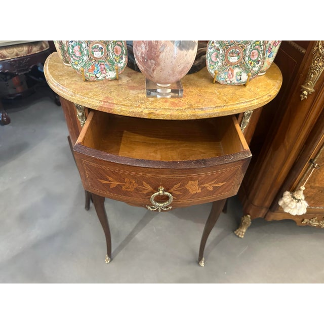 Diminutive Louis XV Style Demilune Commodes With Marble Tops, Pair Available For Sale - Image 9 of 12
