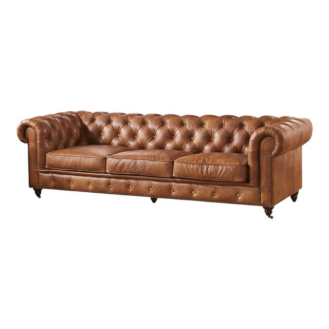Duplicate Crafters and Weavers Century Light Brown Leather Chesterfield Sofa For Sale