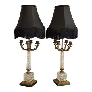 Mid 20th Century Hollywood Regency Crystal & Brass Four‑Arm Candelabra Lamps With Black Fringe Shades — A Dramatic Pair For Sale