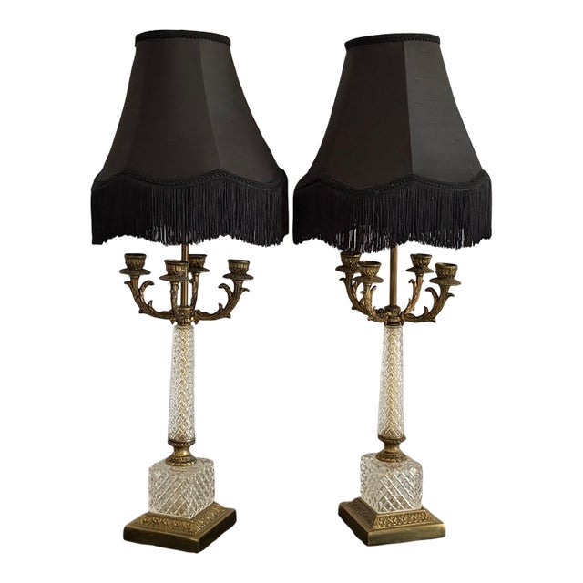 Mid 20th Century Hollywood Regency Crystal & Brass Four‑Arm Candelabra Lamps With Black Fringe Shades — A Dramatic Pair For Sale