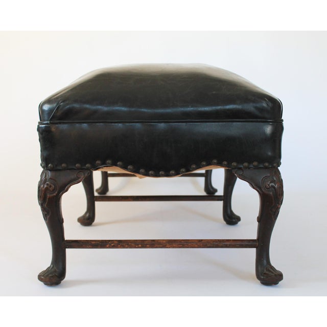 Wood Antique English Georgian Style Hand-Carved Low Bench With Black Leather Upholstery For Sale - Image 7 of 17