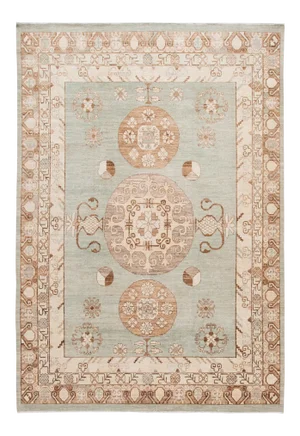 Modern Khotan Style Handmade Green Geometric Wool Rug