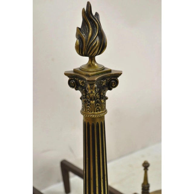 Antique French Empire Style Bronze Column Flame Finial Fireplace Andirons - Pair For Sale - Image 4 of 11