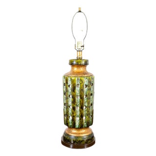 Mid Century Modern Table Lamp Ceramic Drip Glaze Studio Round Teal Green Brass For Sale