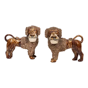 Antique 19th Century Bennington Pottery Poodles With Fruit Baskets - a Pair