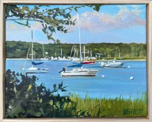 "Moored Sailboats in the Cove" Contemporary Original Beach Scene Acrylic Painting by Scott Hewett, Framed