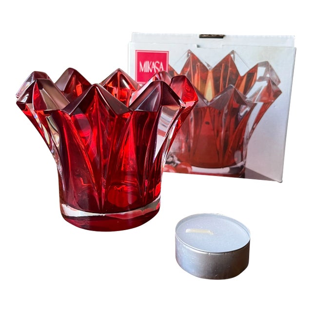 Vintage Mikasa Czech Republic Red Crystal Skyline Christmas Single Votive Holder For Sale