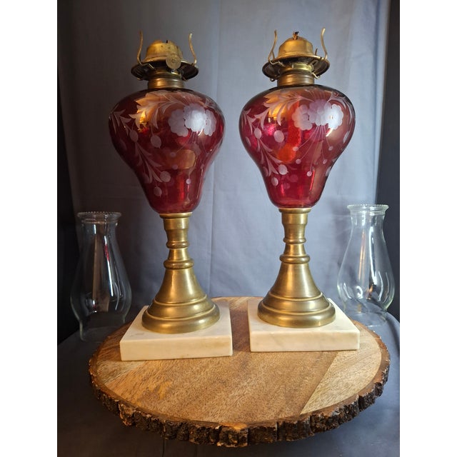 Mid 19th Century Pair Antique Bohemian Cranberry Cut-to-Clear Kerosene Lamps Marble Base P&a Eagle For Sale - Image 5 of 15