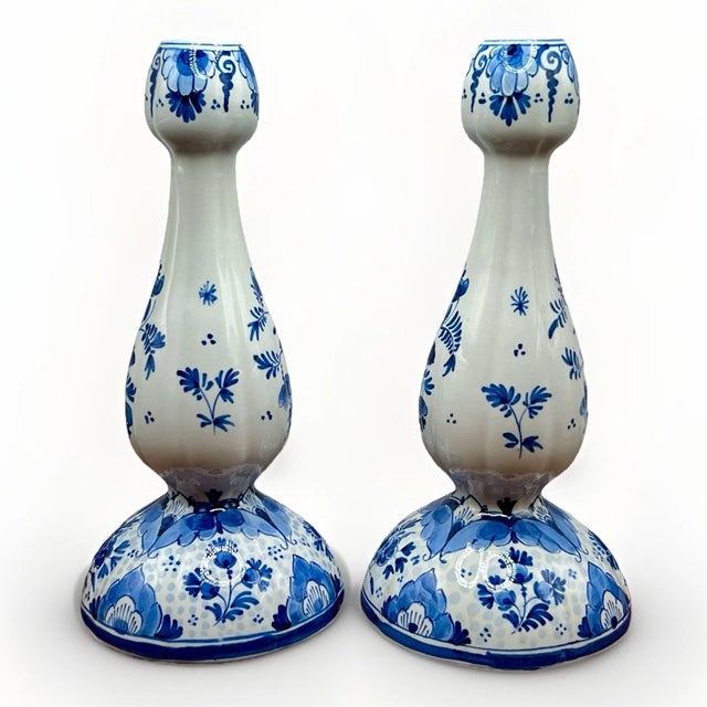 Mid-Century Modern Vintage a.a Visser Dutch Royal Delft Blue Hand Painted Tulip Shaped Candlesticks-Set of 2 For Sale - Image 3 of 4