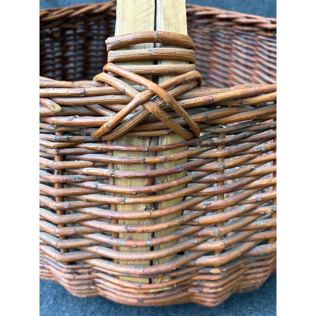 American Large Antique Hand Woven Willow Gathering Basket Branch Handle For Sale - Image 3 of 17