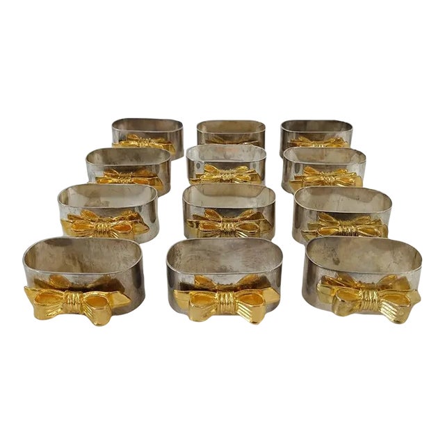 Mid-Century Silver-Plated Napkin Rings Holders With Gold Gilt Bows- Set of 12 For Sale