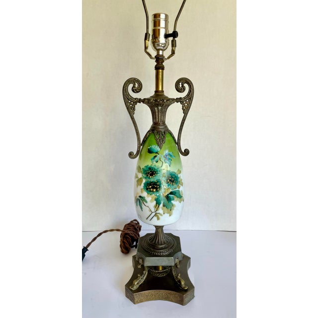 Victorian Antique Victorian Revival Hand-Painted Floral Glass Table Lamp With Dolphin Supports For Sale - Image 3 of 12
