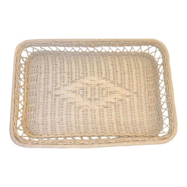 1960s White Wicker Serving Tray For Sale