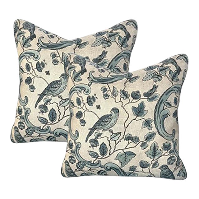 Pair 20'' Soft Blue Aviary Pillows For Sale