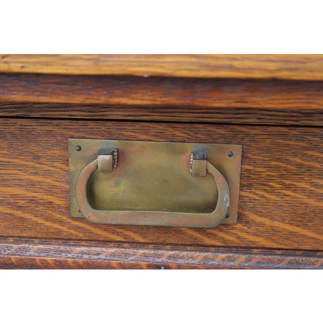 Wood Circa 1910 Quarter-Sawn Tiger Oak Mission Arts and Craft Writing Table on Wheels With Removable Book Shelf and Chair For Sale - Image 7 of 12