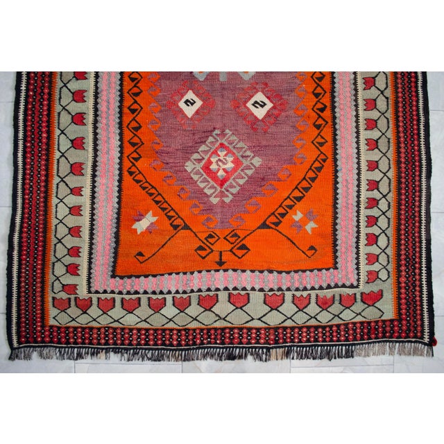 Authentic Turkish Kilim, Vintage Orange Hallway Runner, Tribal Rug, Handwoven Wool Tapestry, Mid Century Modern Floor Decor - 5′3″ X 11′5″ For Sale - Image 12 of 14