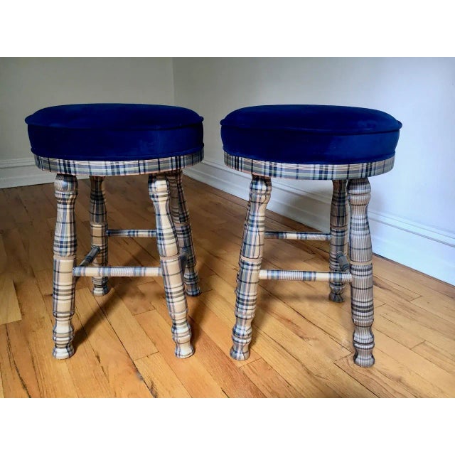 Mid-Century Modern Plaid Custom Upholstered Low Wooden Stools- a Pair For Sale - Image 3 of 13