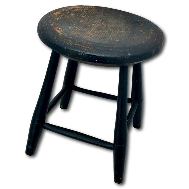 Very Nice Hand Made Antique American Primitive Pine Wood Footstool With Excellent Original Old Black Paint For Sale - Image 4 of 18