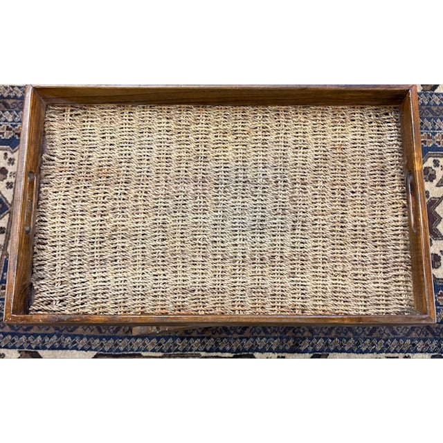Mid Century X Base Tray Side Table With Raffia Woven Insert For Sale - Image 4 of 6