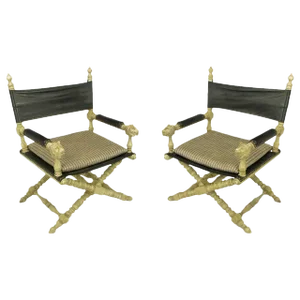 Driftwood Oak and Black Leather Carved Lion Head Campaign Chairs - a Pair