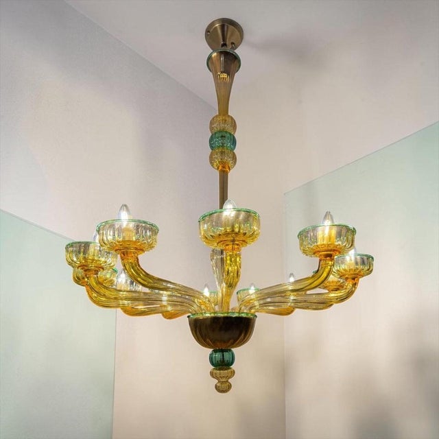 Gold Amber and Emerald Chandelier with Twelve Arms in Hand Blown Glass, 1970s, Set of 2 For Sale - Image 8 of 14