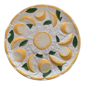 Vintage Lemon & Leaf Raised Design Round Majolica Style Seafood Platter