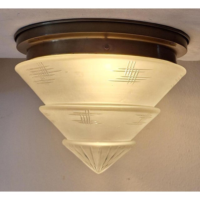 German Art Deco Brass Ceiling Lamp with Cut Glass Shade, 1930s, in Good conditions. Designed 1920 to 1949 Up to 250V...