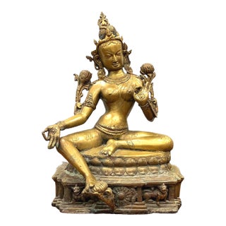 Vintage Large Bronze Buddhist Statue of Seated Bodhisattva Tara For Sale