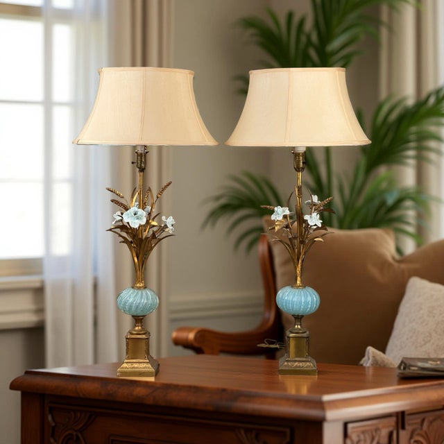 Metal Vintage Pair Mid-Century Venetian Murano Art Glass Lamps For Sale - Image 7 of 12