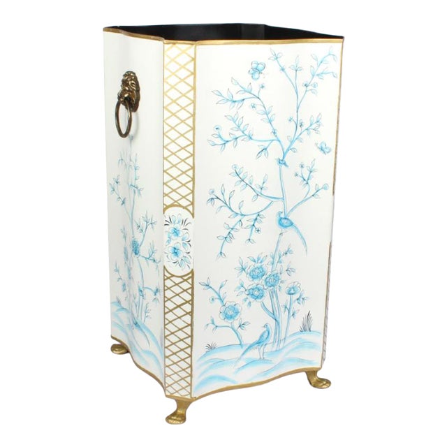 Scalloped Umbrella Stand in Ivory/Blue For Sale