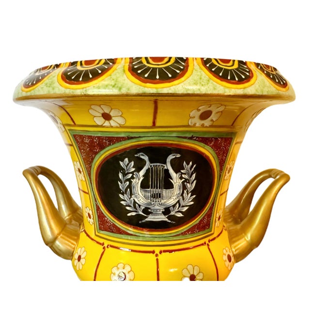 Vintage Campagna Form Porcelain & Enamel Handled Urn Vase in Yellow Lyre Motif This is a gorgeous hand painted Chinese...