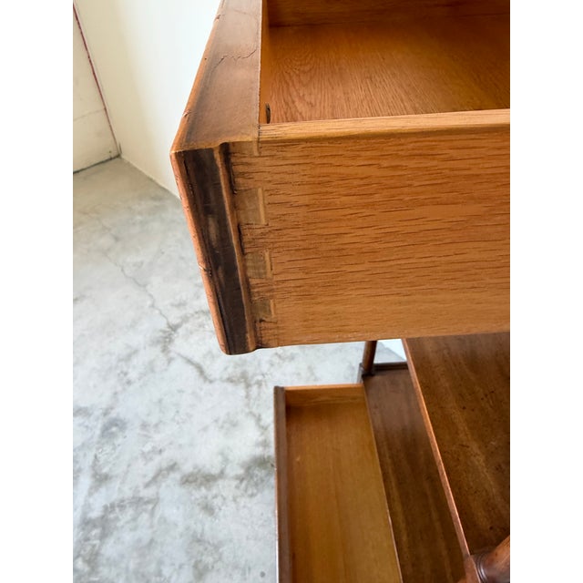 1970’s Vintage Mount Airy Three-Tier Walnut Etagere With Drawers & Brass Casters For Sale - Image 12 of 12