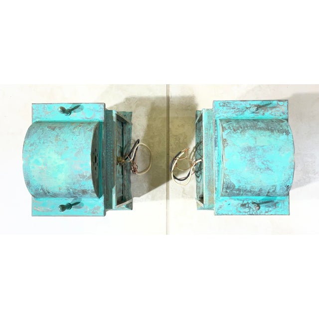 1960s Vintage Verdigris Solid Brass Lanterns - Pair of Wall-Mounted Sconces For Sale - Image 5 of 13