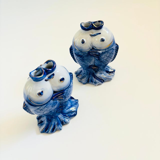 Blue and White Porcelain Kissing Koi Fish Vase For Sale - Image 10 of 12