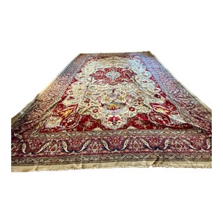 Oversized Hand Knotted Wool Agra Ivory Lavender Red Medallion Rug 24' X 17' For Sale