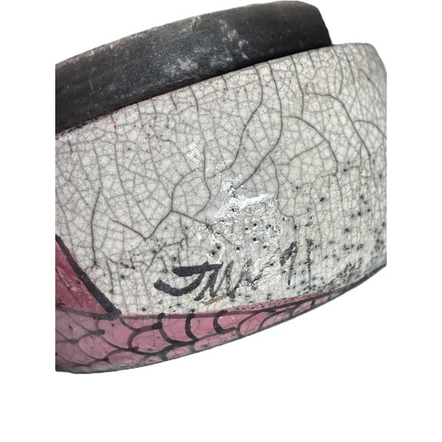 Signed Raku Abstract Ceramic Decorative Round Lidded Box / 1970s Pink Bird Studio Art Pottery For Sale In Cleveland - Image 6 of 7