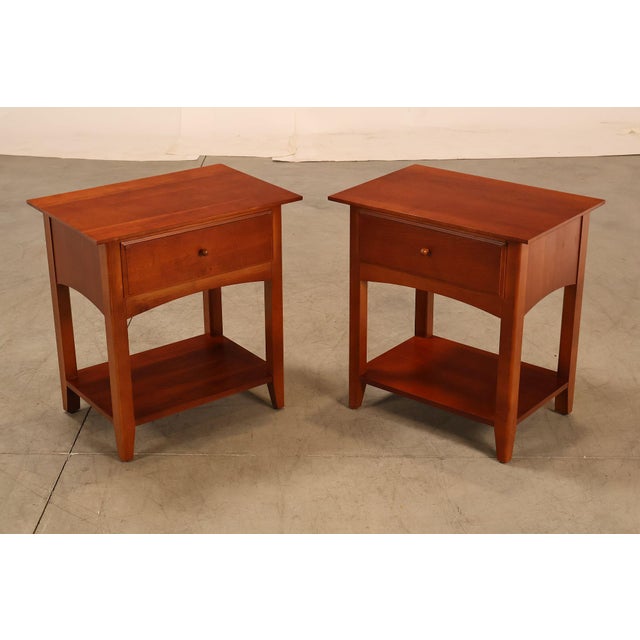 Quality Pair of Fruitwood Bedside Stands, Each with Single Dovetailed Drawer, Wooden Knob Pull, and Lower Open Shelf