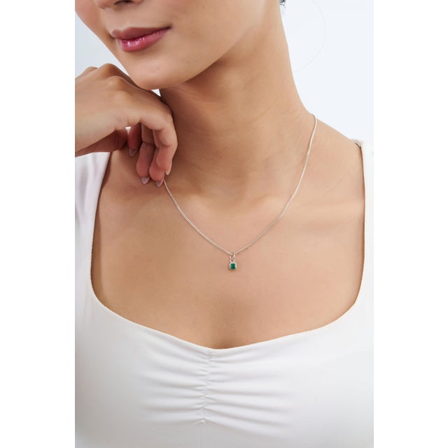 Square Cut Deep Emerald Bezel Set Green Charm Pendant in 18k White Gold For Sale - Image 10 of 16