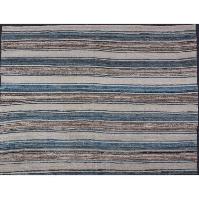 Versatile Striped Design and Natural Brown, Cream, and Blue Flat-Weave Kilim 7'9 X 11'10 For Sale - Image 12 of 15