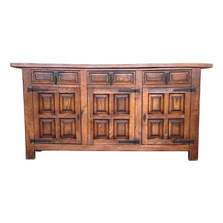 19th Century Large Catalan Spanish Baroque Carved Oak Tuscan Credenza or Buffet For Sale