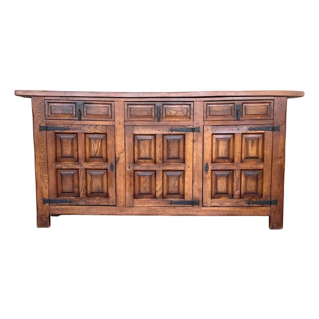 19th Century Large Catalan Spanish Baroque Carved Oak Tuscan Credenza or Buffet For Sale