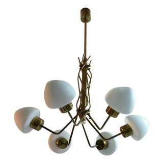 Opaline and Brass Italian Chandelier in the style of Stilnovo, 1950s For Sale