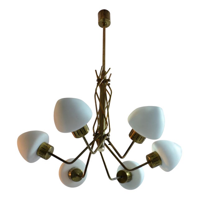 Opaline and Brass Italian Chandelier in the style of Stilnovo, 1950s For Sale