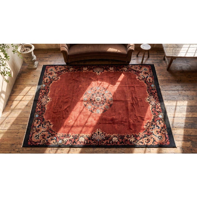 Fabuluos Red Open Field Color With Nice Floral Border Antique Chinese Art Deco Rug For Sale - Image 10 of 10