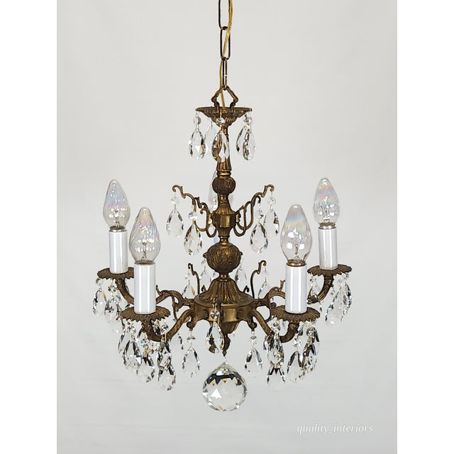 Antique 5 Arm 5 Light Dark Patina Ornate Brass Cut Lead Glass Crystal Chandelier For Sale - Image 12 of 12