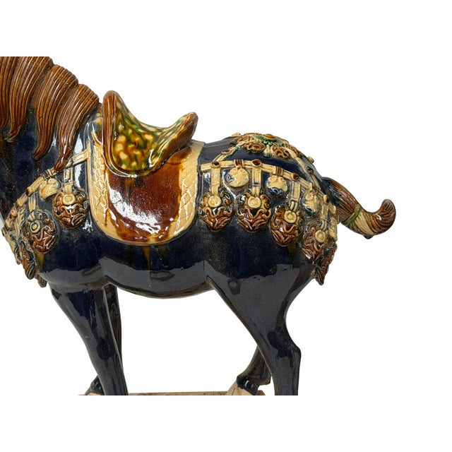 1990s Oriental Ceramic Sancai Blue Brown Beige Fengshui Artistic Figure For Sale - Image 5 of 7